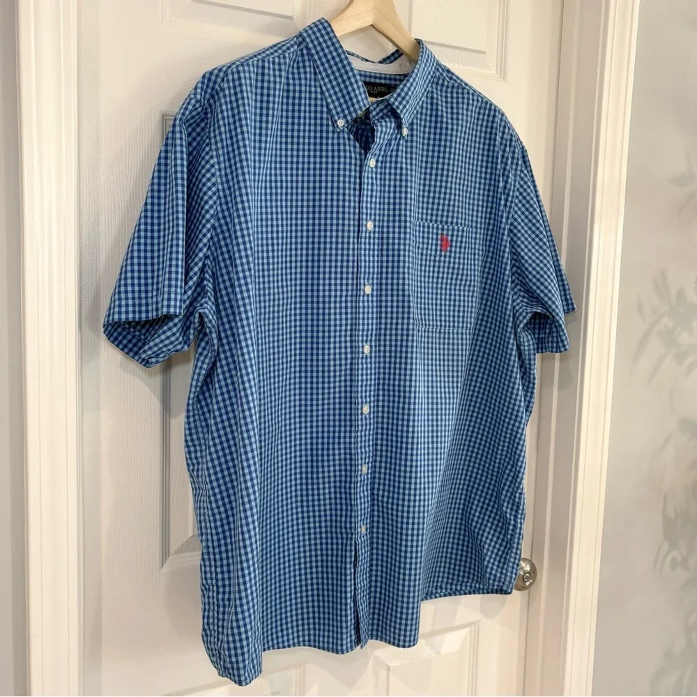 US Polo Assn Blue Checked Button Up Short Sleeve Button Up Casual Shirt Men 2XL
